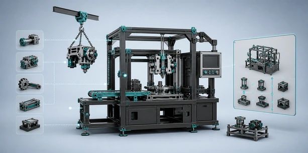 Modulare Produktionsanlage mit Maschinenrahmen, Komponenten, Materialzuführung und technischen Schnittstellen.