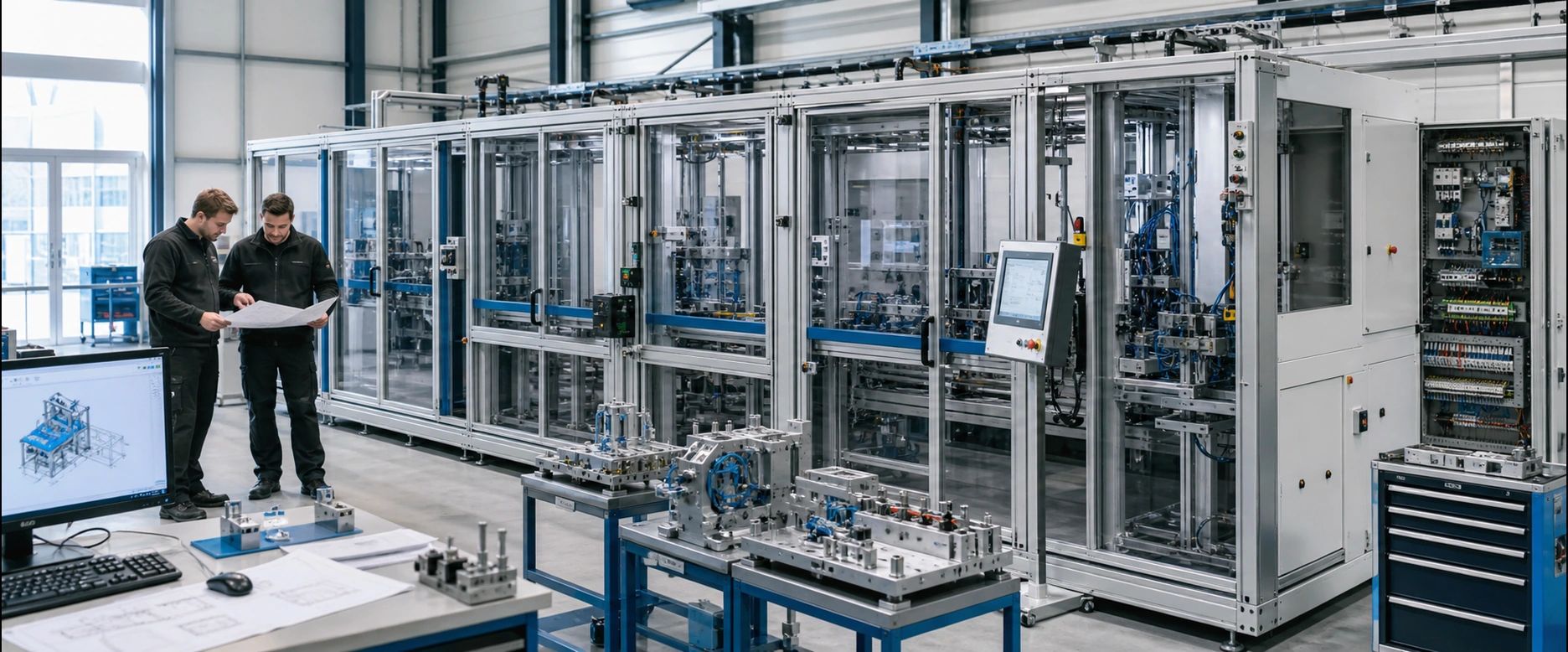 Kundenindividuelle Produktionsanlage während Projektierung und Integration mit zwei Maschinenbauingenieuren, technischen Baugruppen und offe