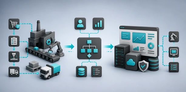 Vernetzter Fachprozess mit Produktionssystem, Workflow, Datenbank, Benutzerrollen und digitaler Systemoberfläche.