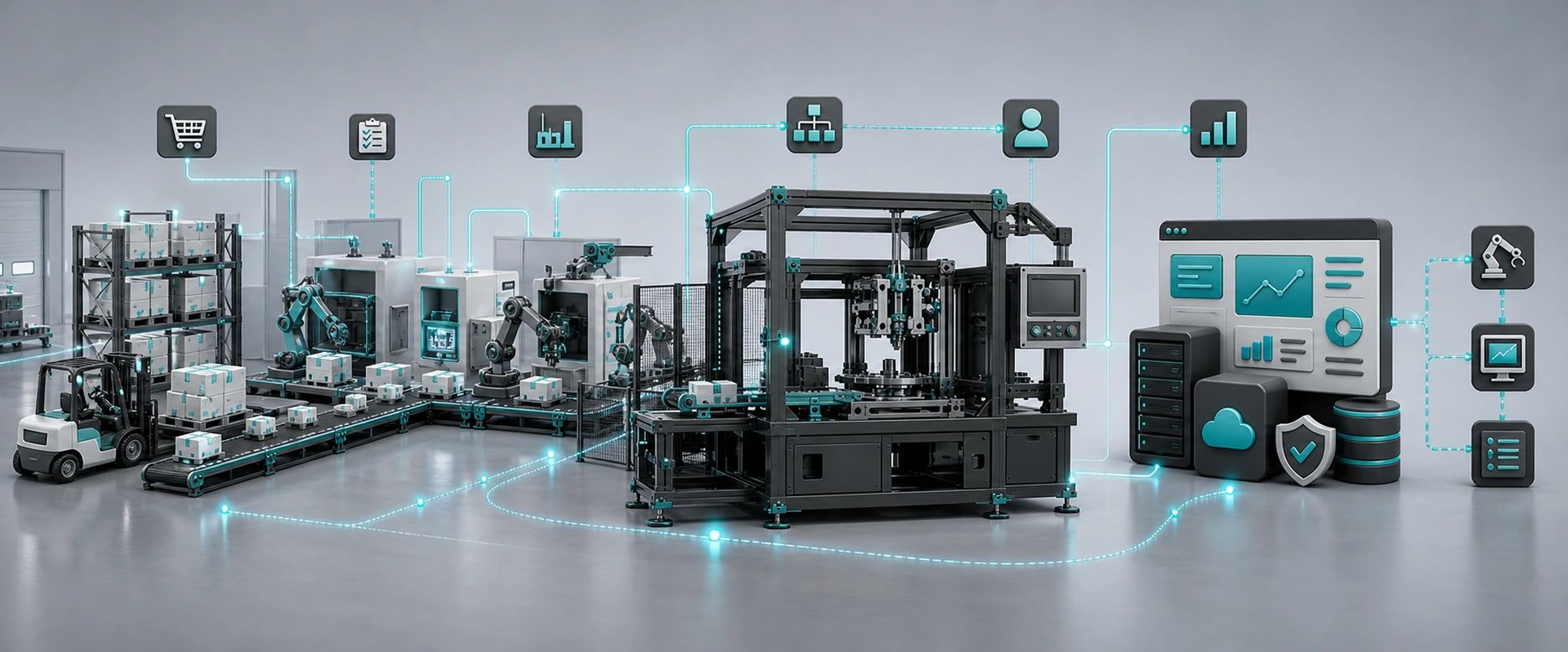 Gemeinsames Industrieprojekt mit Produktion, Maschinen- und Anlagenbau sowie digital verbundenen IT-Systemen.