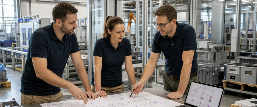 Kundenindividuelle Produktionsanlage während Projektierung und Integration mit zwei Maschinenbauingenieuren, technischen Baugruppen und offe