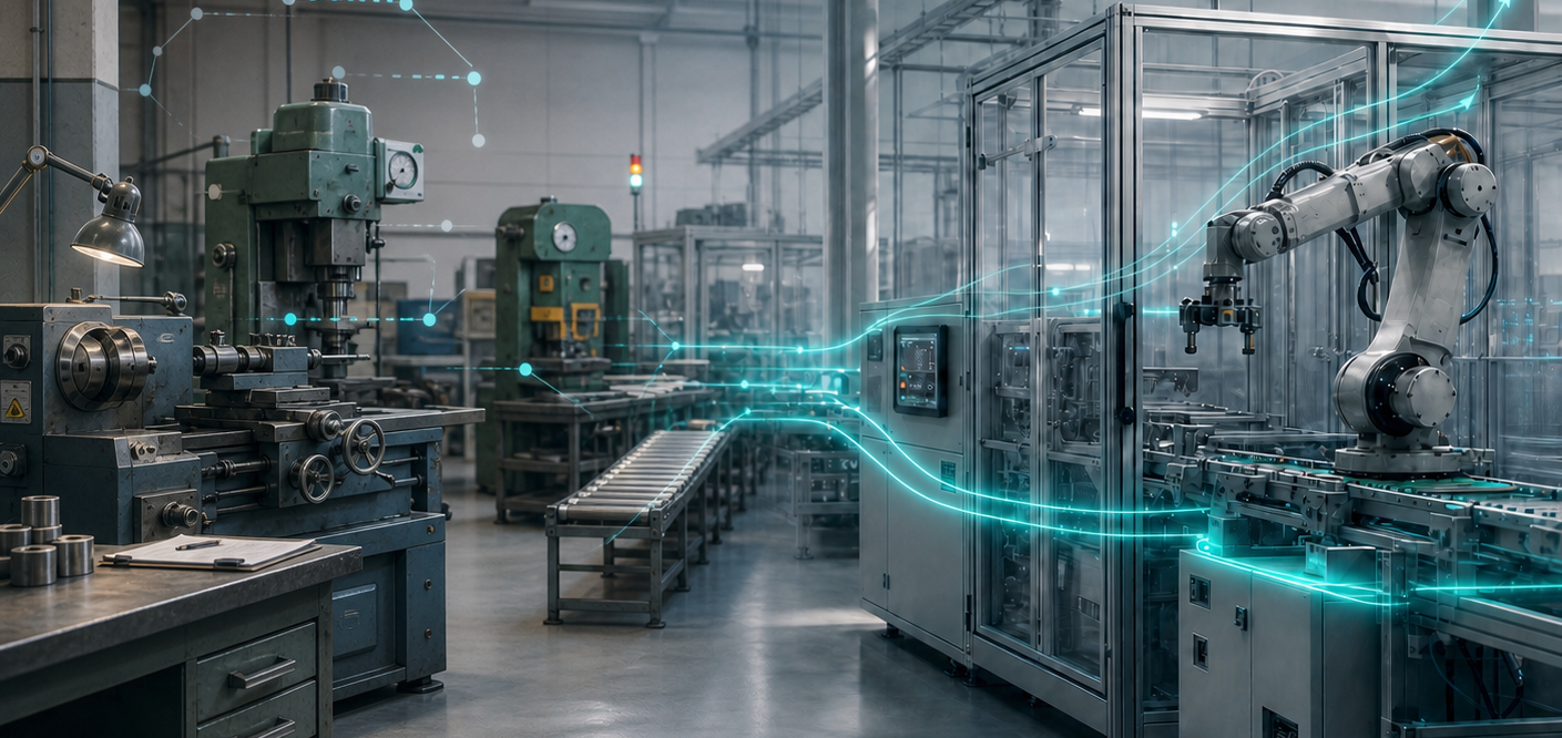 Produktionsumgebung mit bestehender Fertigungstechnik, automatisierter Anlage und digital verbundenem Material- und Informationsfluss.