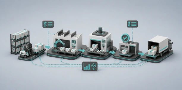 Vernetzter Produktionsablauf mit mehreren Bearbeitungsstationen, Materialfluss und digitaler Prozessüberwachung.